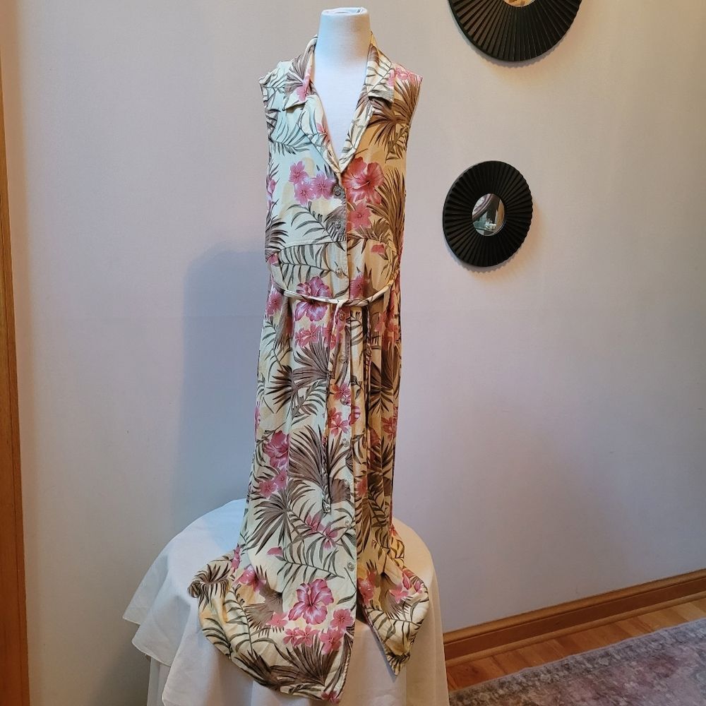 Bahama Beach Wmns L Long Midi Button Up Dress Floral Palm Leaves Pockets...